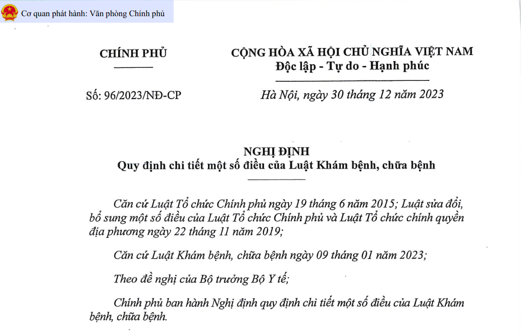 Nghị định 96/2023/NĐ-CP Quy định chi tiết một số điều của Luật Khám bệnh, chữa bệnh