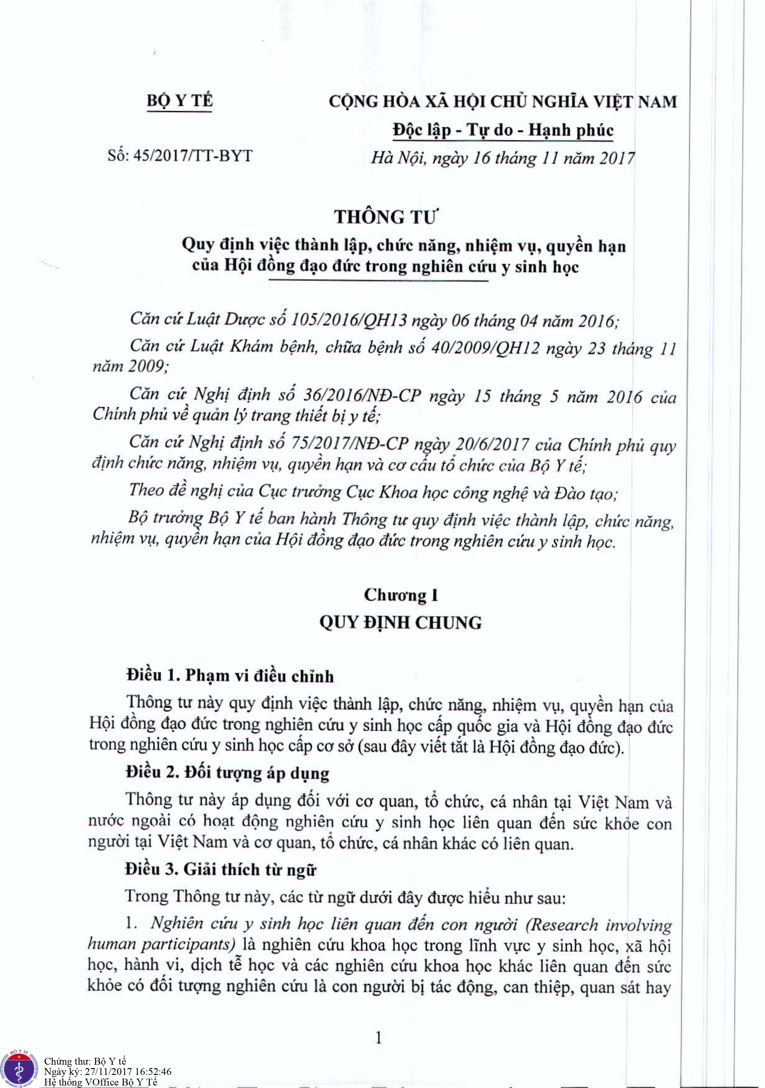 Thông tư 45/2017/BYT: Quy định việc thành lập, chức năng, nhiệm vụ, quyền hạn của Hội đồng đạo đức trong nghiên cứu y sinh học