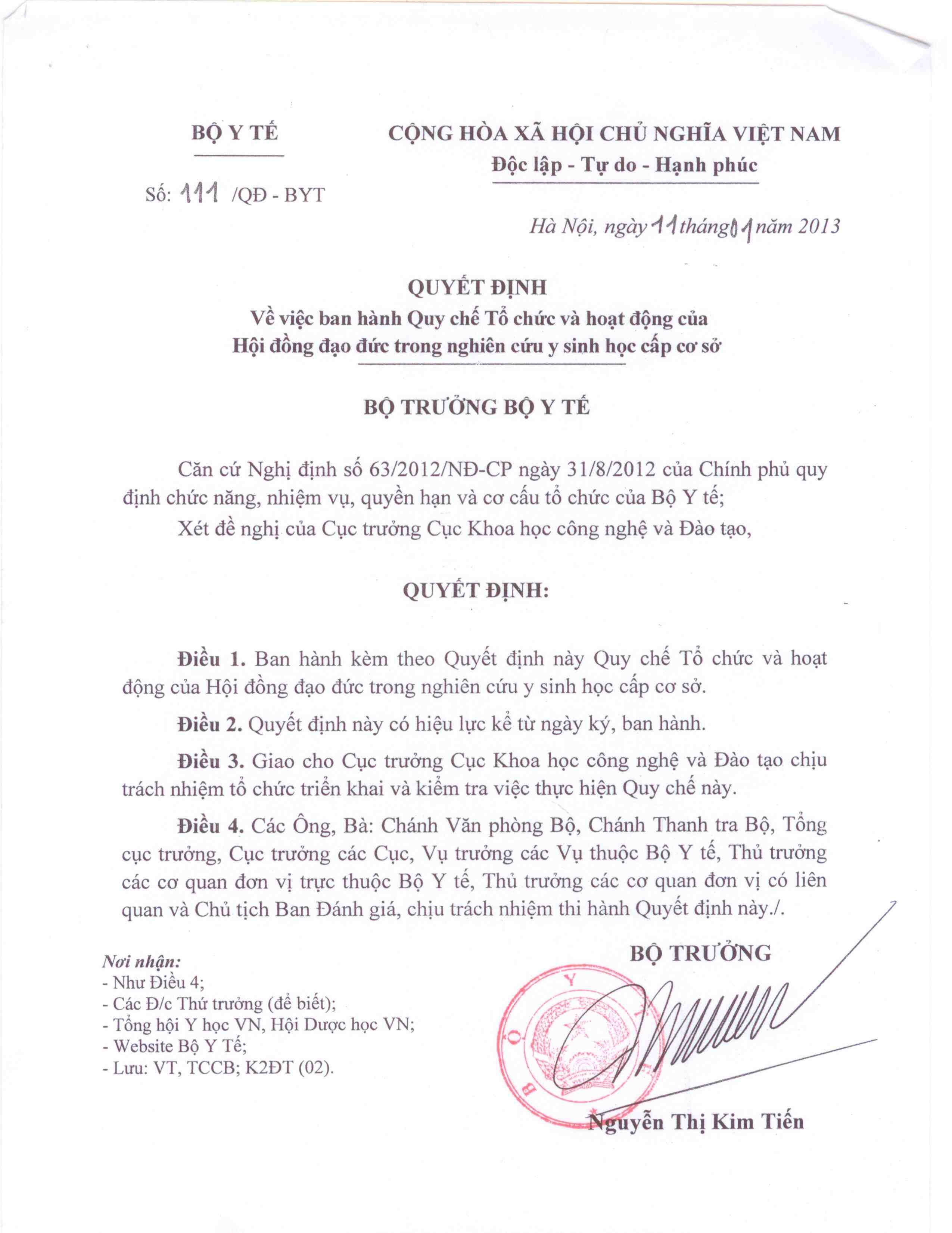Quyết định 111/2013/BYT: Quyết định về việc ban hành quy chế tổ chức và hoạt động của Hội đồng đạo đức trong nghiên cứu y sinh học cấp cơ sở