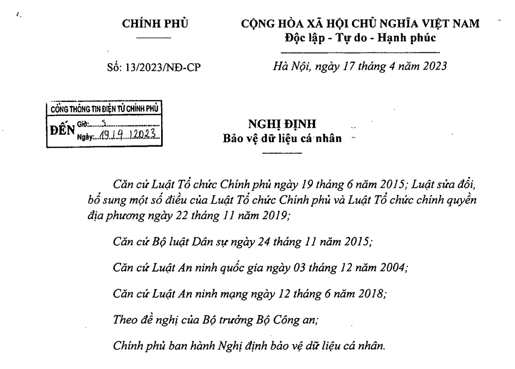 Nghị định 13/2023/NĐ-CP bảo vệ dữ liệu cá nhân